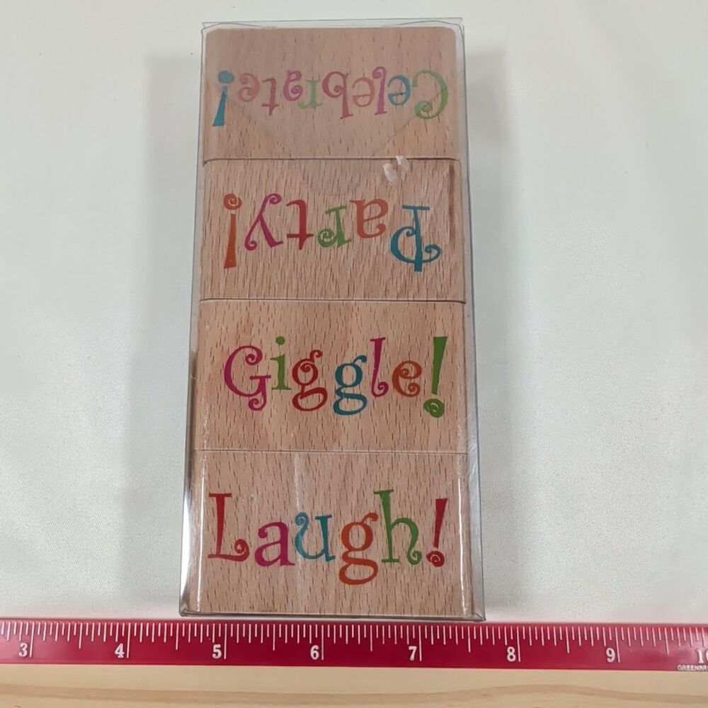 Lot #16 Plaid Word Rubber Stamps Celebrate Party Giggle Laugh Set of 4 Wood